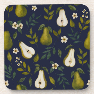 Green Pear Watercolor Pattern on Dark Blue  Coaster