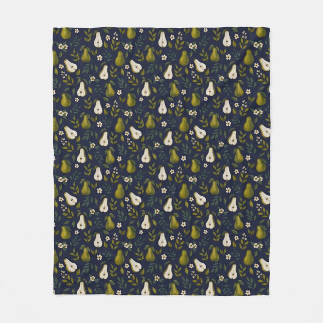 Green Pear Watercolor Pattern on Dark Blue  Fleece Blanket (Front)