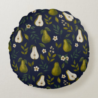 Green Pear Watercolor Pattern on Dark Blue  Round Cushion