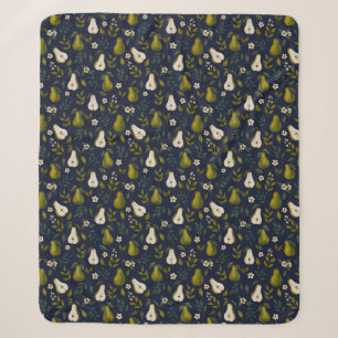 Green Pear Watercolor Pattern on Dark Blue  Sherpa Blanket