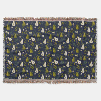 Green Pear Watercolor Pattern on Dark Blue Throw Blanket