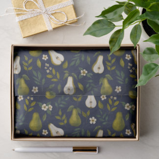 Green Pear Watercolor Pattern on Dark Blue  Tissue Paper
