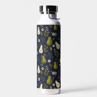 Green Pear Watercolor Pattern on Dark Blue  Water Bottle