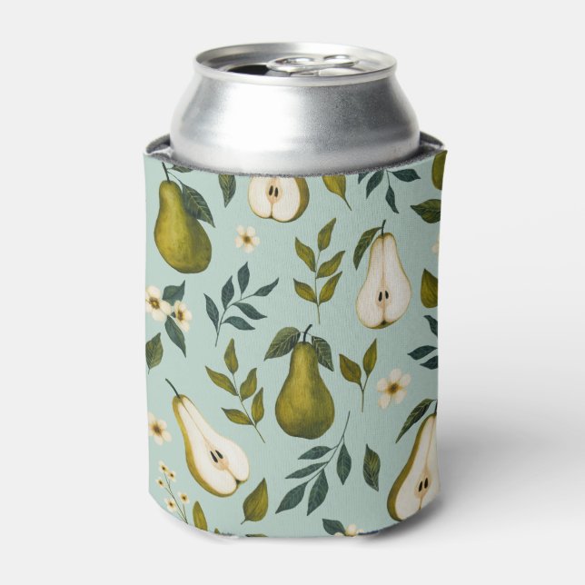 Green Pear Watercolor Pattern on Dusty Blue  Can Cooler (Can Front)