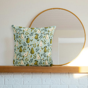 Green Pear Watercolor Pattern on Dusty Blue Cushion