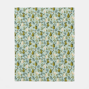 Green Pear Watercolor Pattern on Dusty Blue Fleece Blanket