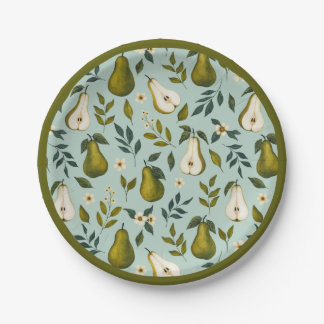 Green Pear Watercolor Pattern on Dusty Blue Paper Plate
