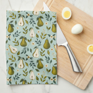 Green Pear Watercolor Pattern on Dusty Blue  Tea Towel
