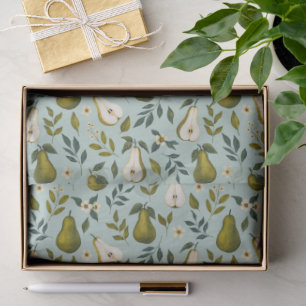 Green Pear Watercolor Pattern on Dusty Blue Tissue Paper