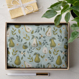 Green Pear Watercolor Pattern on Dusty Blue Tissue Paper