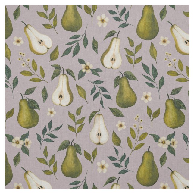Green Pear Watercolor Pattern on Dusty Lilac Fabric (Swatch)