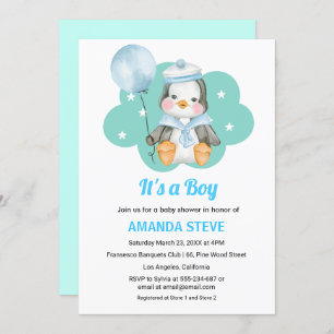 Green Penguin Bird Boy Baby Shower Invitation