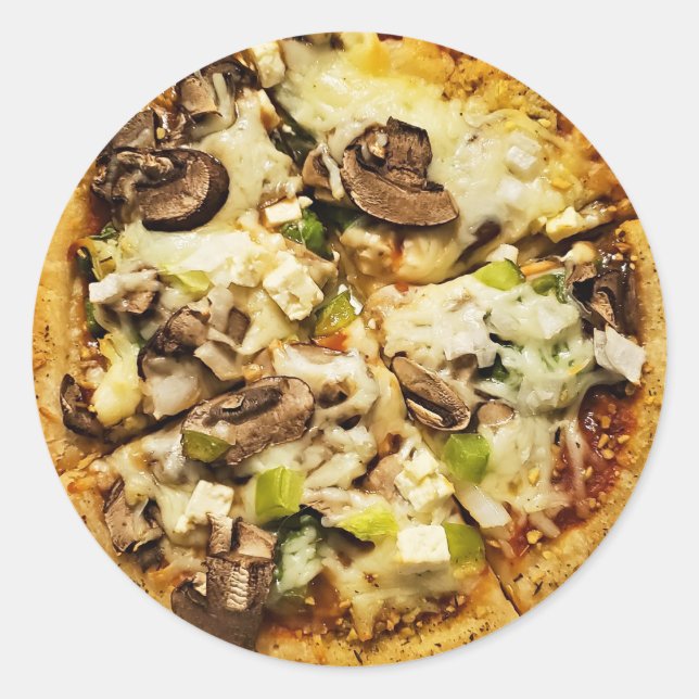 Green Peppers and Mushroom Pizza Food Classic Round Sticker (Front)