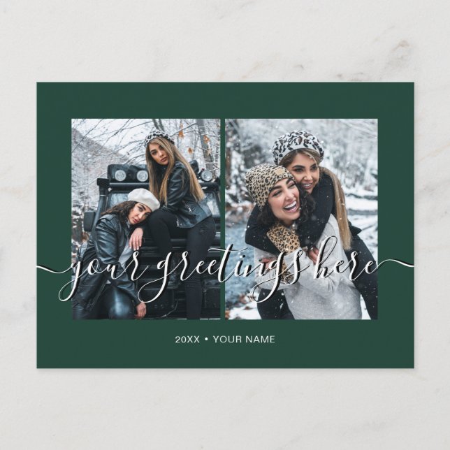 Green Personalised 2 photos Universal Greetings Postcard (Front)