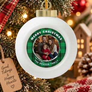 Green Personalised Family Photo Plaid Pattern Ceramic Ball Christmas Ornament