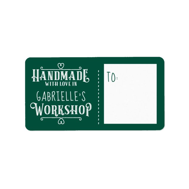 Green Personalised Handmade with Love in Workshop Label (Front)