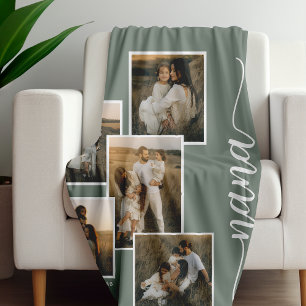 Green Personalised Nana Grandkid 5 Photo Collage  Fleece Blanket