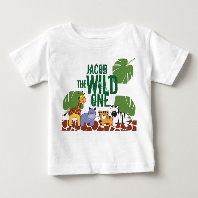 Green Personalised WILD ONE Safari First Birthday Baby T-Shirt (Front)