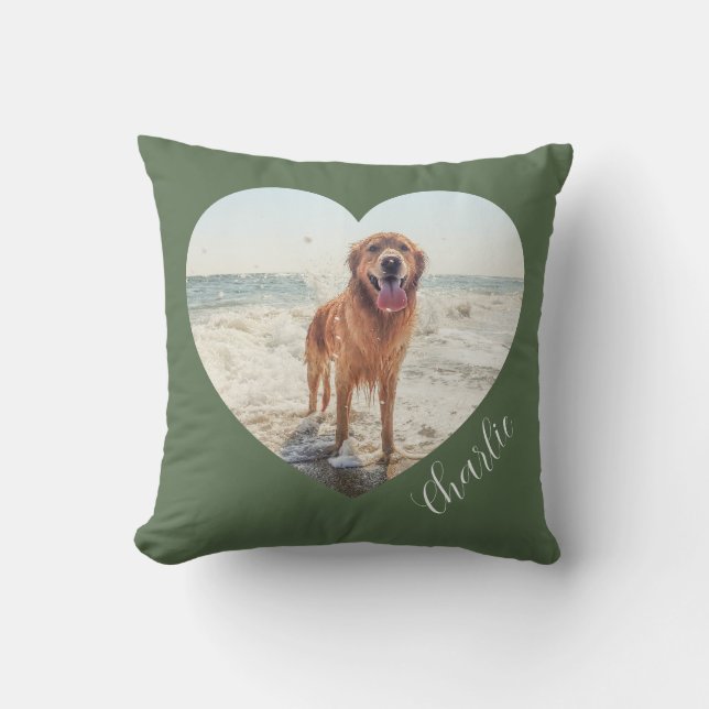 Green Pet Heart Photo Script Cute Personalised Dog Cushion (Front)
