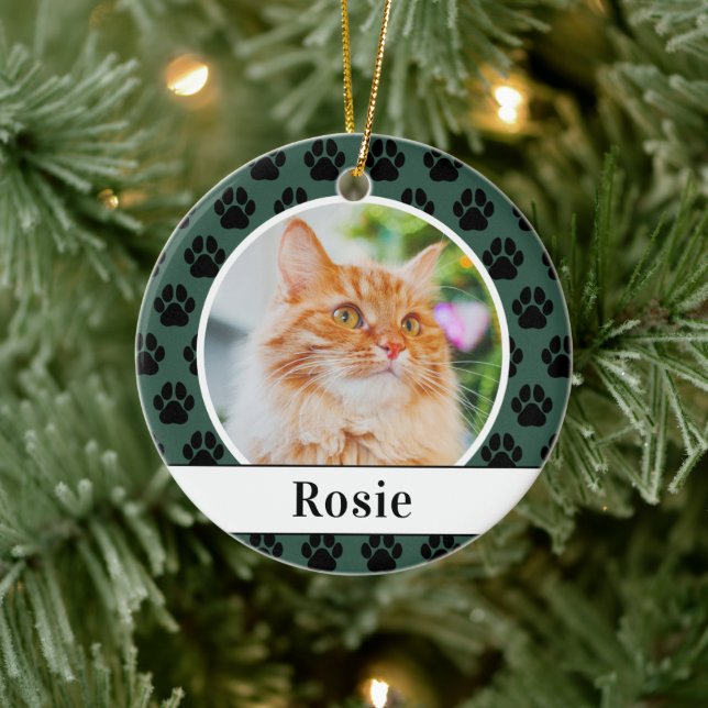 Green Pet Paw Prints Custom Cat Name Photo Ceramic Ornament (Tree)