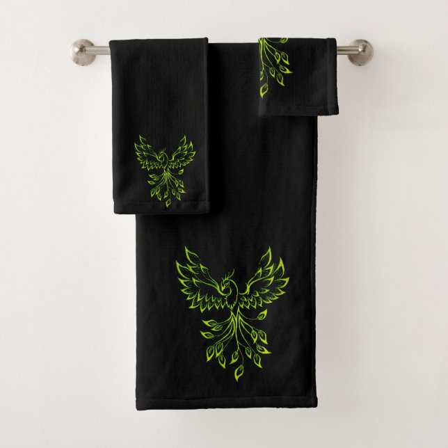 Green Phoenix Rises on Black Bath Towel Set (Insitu)
