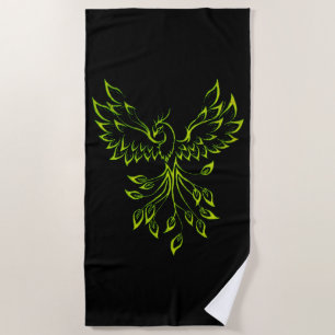 Green Phoenix Rises on Black Beach Towel
