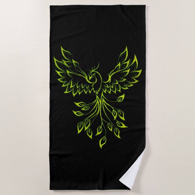 Green Phoenix Rises on Black  Beach Towel (Front)
