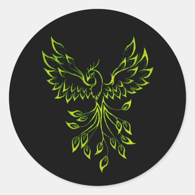 Green Phoenix Rises on Black  Classic Round Sticker (Front)