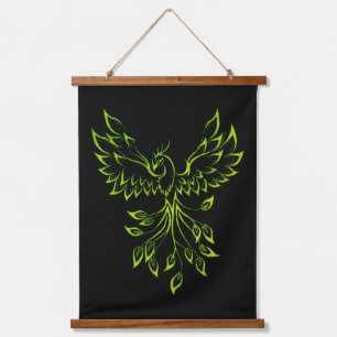 Green Phoenix Rises on Black  Hanging Tapestry