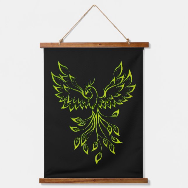 Green Phoenix Rises on Black  Hanging Tapestry (Front)
