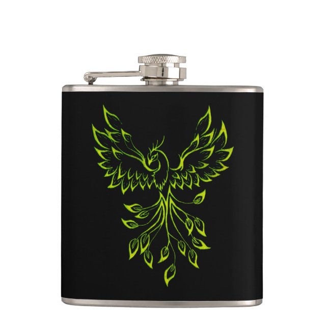 Green Phoenix Rises on Black  Hip Flask (Front)