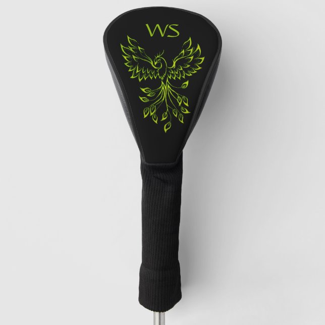 Green Phoenix Rises on Black Initial Golf Head Cover (Front)