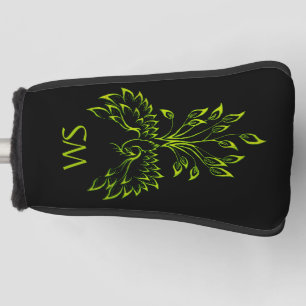 Green Phoenix Rises on Black Initials Golf Head Cover
