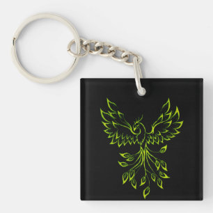 Green Phoenix Rises on Black Key Ring