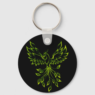 Green Phoenix Rises on Black Key Ring