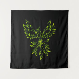 Green Phoenix Rises on Black Tapestry