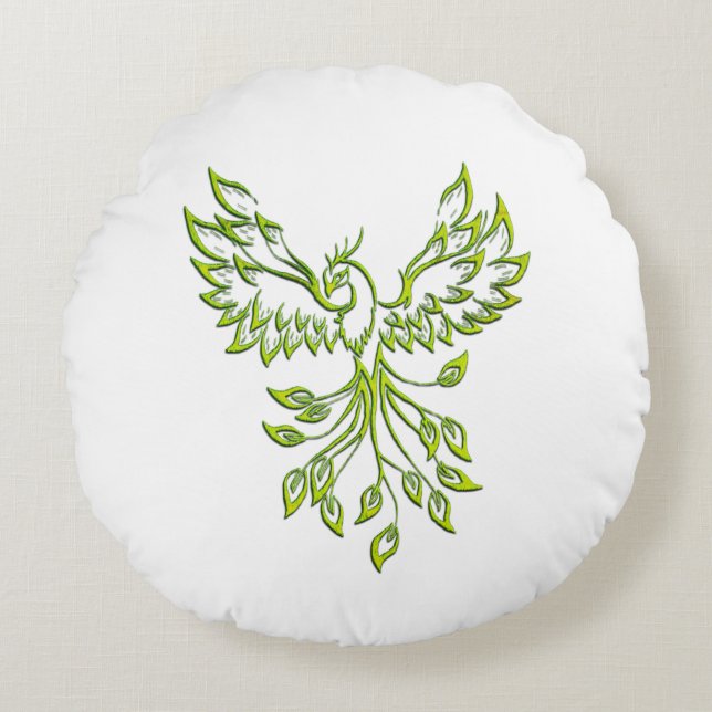 Green Phoenix Rises Round Cushion (Front)