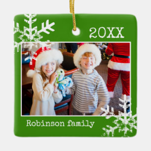 Green Photo Border White Snowflakes Holiday Ceramic Ornament