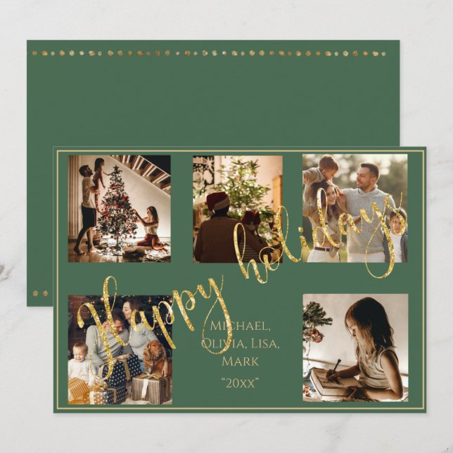 Green Photo Christmas Gold Happy Holidays Holiday Card (Front/Back)