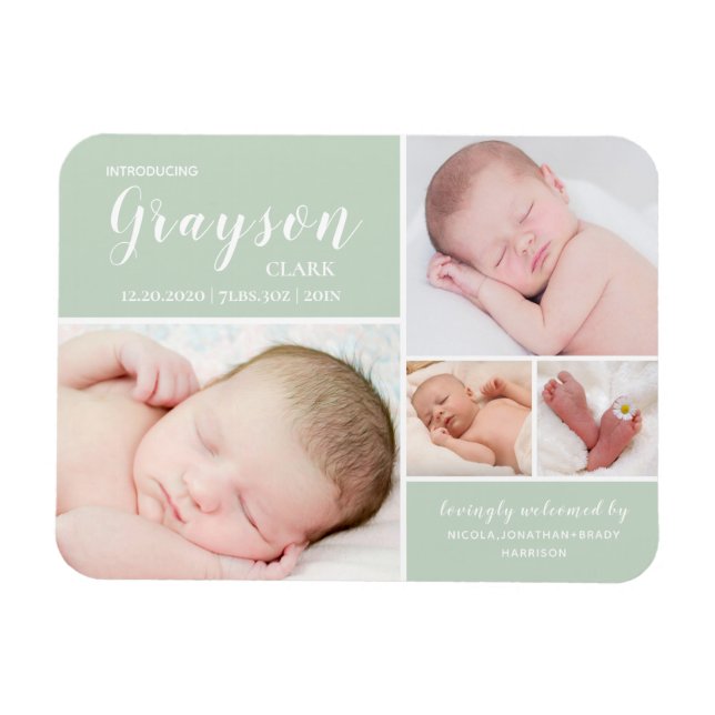 Green Photo Collage Baby Birth Announcement  Magnet (Horizontal)