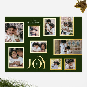 Green Photo Collage Modern Christmas Gold JOY Foil Holiday Card