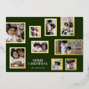 Green Photo Collage Modern Merry Christmas Gold Foil Holiday Card