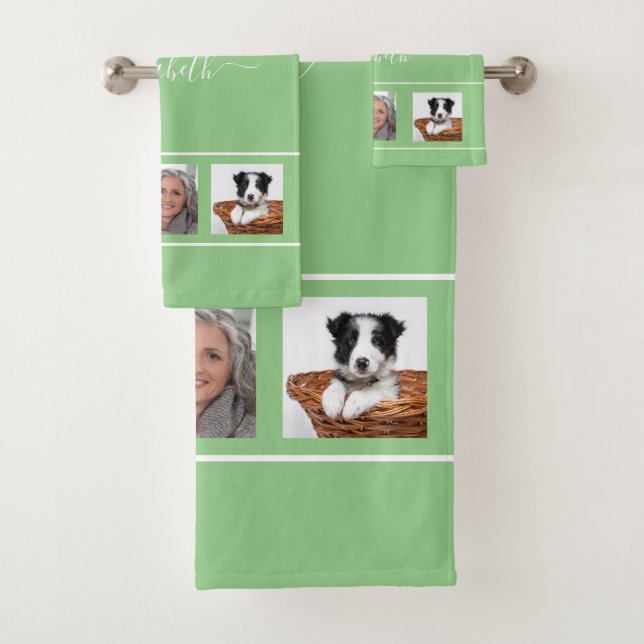 Green photo collage monogram script bath towel set (Insitu)