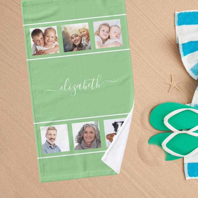 Green photo collage name script hand towel (Creator Uploaded)