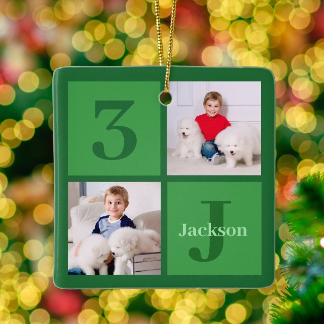 Green Photo Collage Personalised Kids Christmas Ceramic Ornament (Creator Uploaded)
