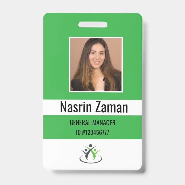 Green | Photo Employee Logo or QR CODE Security ID Badge (Front)