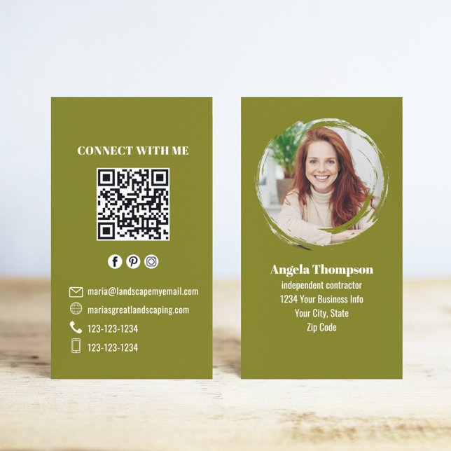 Green Photo QR Code Connect with Me Business Business Card (Green Modern Photo Business Cards with a scannable QR code template.)