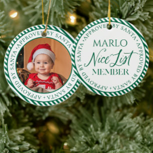 Green Photo Santa's Nice List Member Christmas Ceramic Ornament