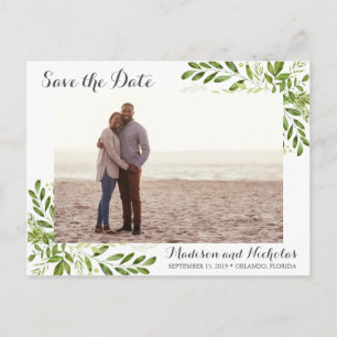 Green Photo Save the Date Postcards Rustic Leaf