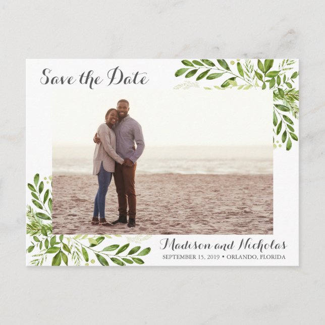 Green Photo Save the Date Postcards Rustic Leaf (Front)